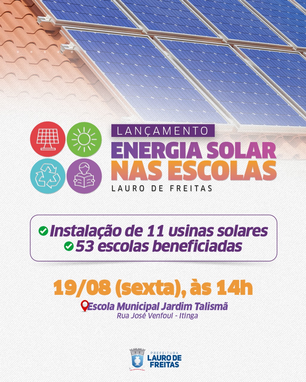 Energia solar ser� implantada em 53 escolas municipais de Lauro de Freitas